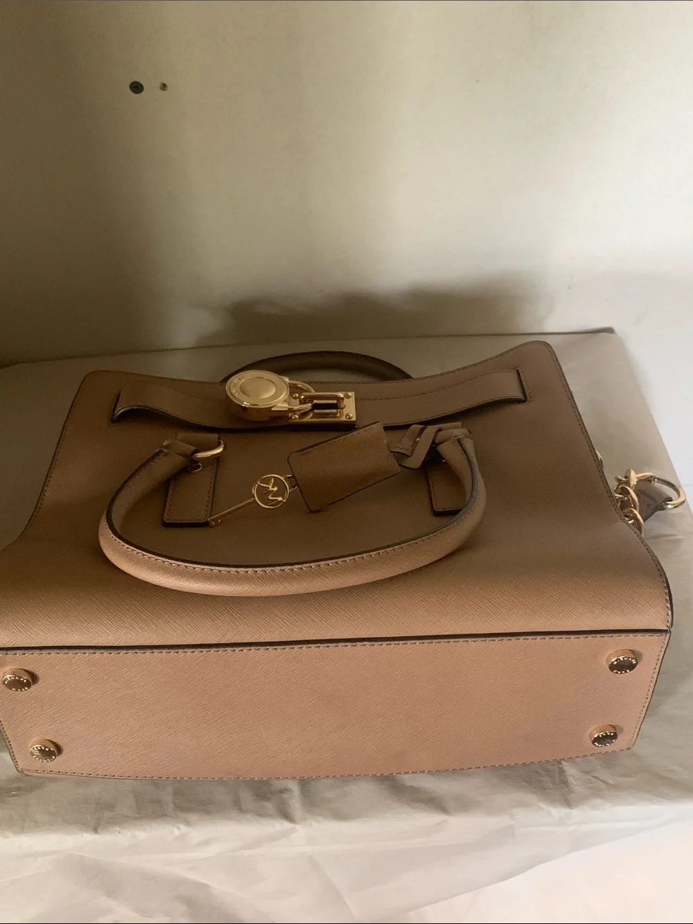 Michael Kors Hamilton Beige Saffiano Leather Satchel with Gold Hardware